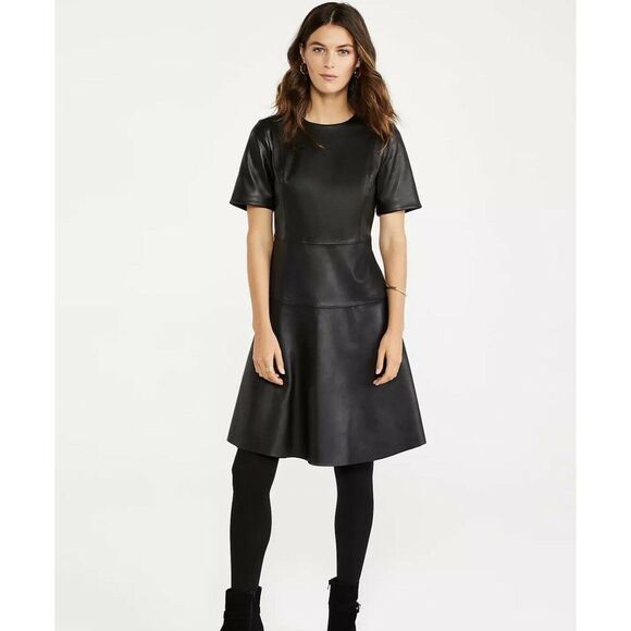 Black Ann Taylor Faux Leather Fit-and-Flare Short Sleeve Dress (NWT) - Picture 1 of 4